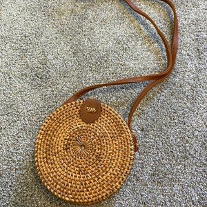 Handwoven Round Rattan Bag Shoulder Leather Straps